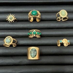 18K Gold Plated Emerald Green Vintage Adjustable Ring Set 7PCS Statement